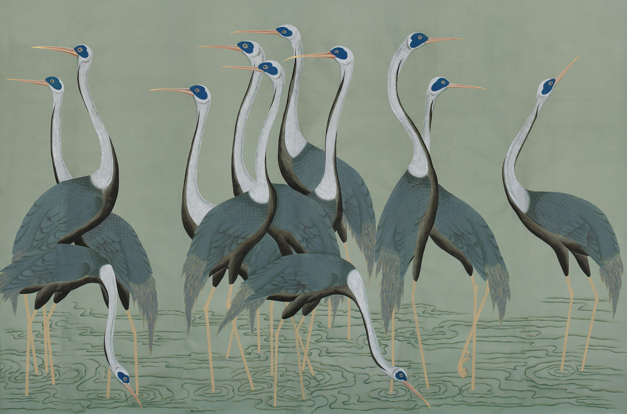 Обои ручная роспись Sarus Cranes Colourway SC-206 on Blue Grey dyed silk Обои ручная роспись Sarus Cranes Colourway SC-206 on Blue Grey dyed silk - постер Loft-Concept в Сочи