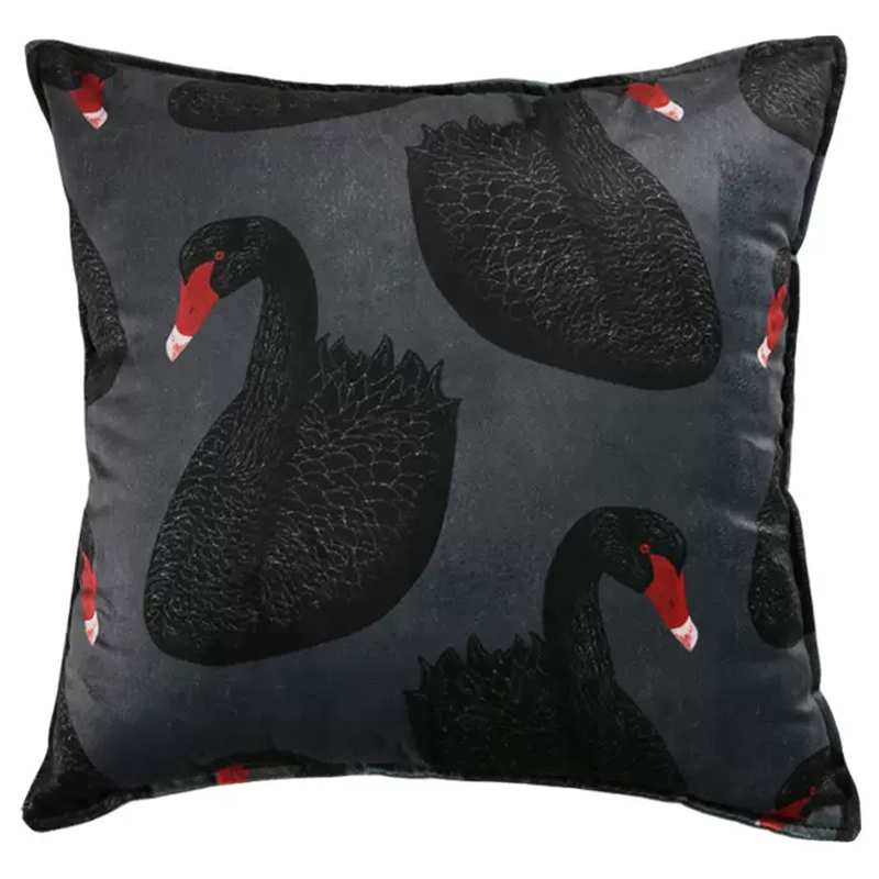 Декоративная подушка Black Swans Cushion Черная Черный Серый Красный в Сочи | Loft Concept 