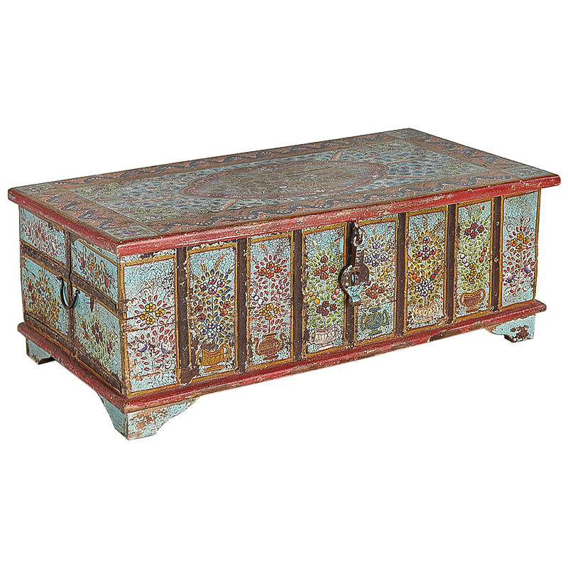 Сундук ручная роспись Pran Antique Indian Painted Chest Мульти Бирюзовый Красный в Сочи | Loft Concept 