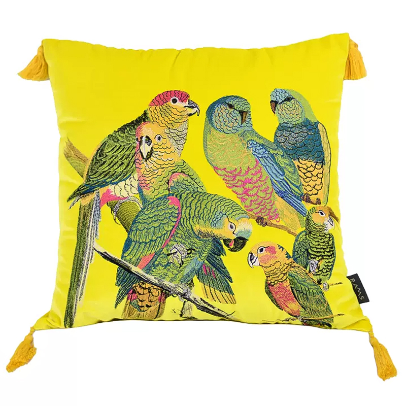 Декоративная подушка с вышивкой Embroidery Parrots Pillow Yellow Желтый Мульти в Сочи | Loft Concept 