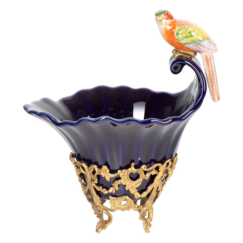 Чаша темно-синего цвета из фарфора с разноцветной птичкой Eden Garden porcelain and bronze Темно-синий Бронза Мульти в Сочи | Loft Concept 