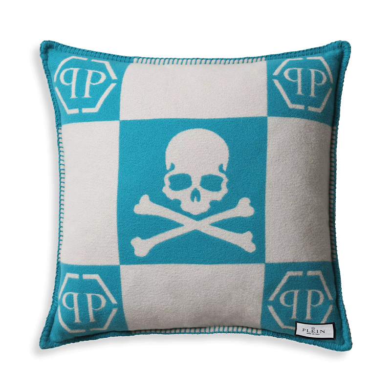 Подушка Philipp Plein Cushion Cashmere Skull 45 x 45 Голубой Белый в Сочи | Loft Concept 