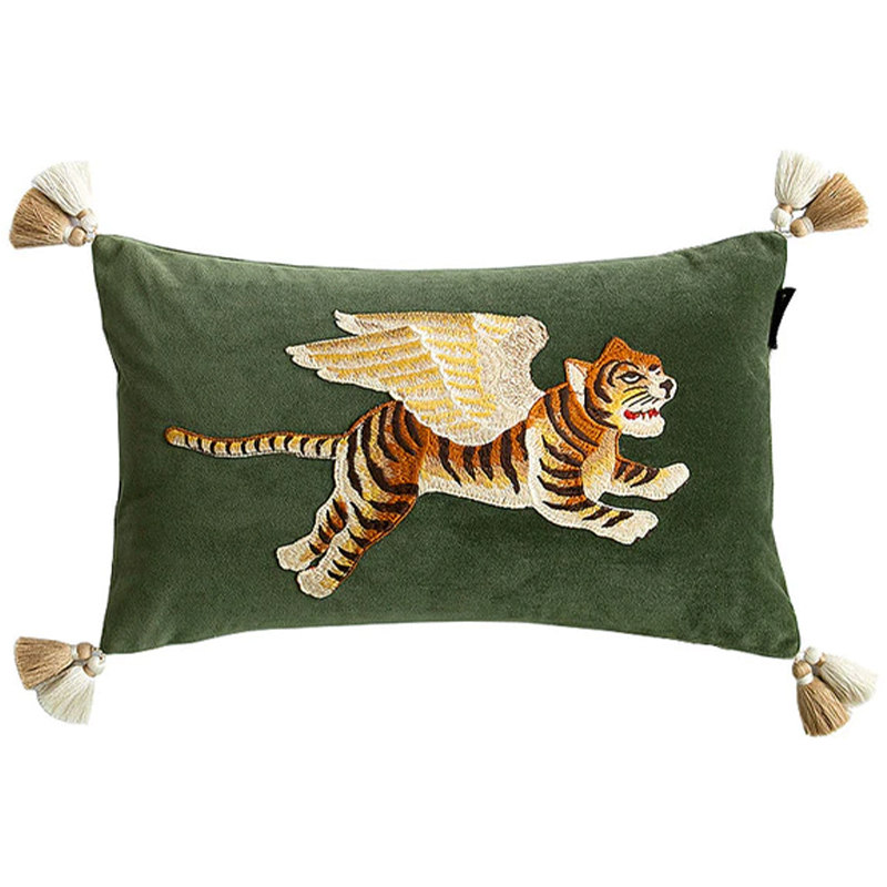 Декоративная подушка с вышивкой Стиль Gucci Winged Tiger Cushion Зеленый Оранжевый Золотой в Сочи | Loft Concept 