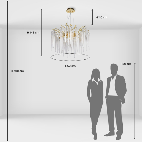 Люстра золотого цвета с декоративными ветками и длинными прозрачными стеклянными подвесами в форме сосулек Droplet Chandelier в Сочи