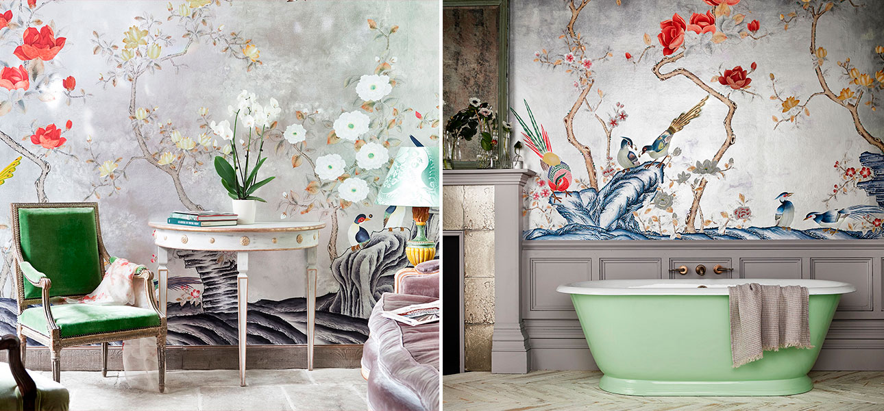 Обои шинуазри  Japanese Garden Original colourway on Sterling Silver gilded Xuan paper - фото