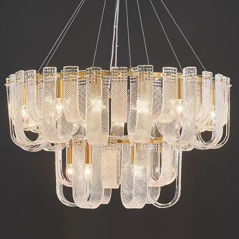 Люстра Prudence Textured Glass Two Tier Chandelier Прозрачное Стекло Золотой в Сочи | Loft Concept 