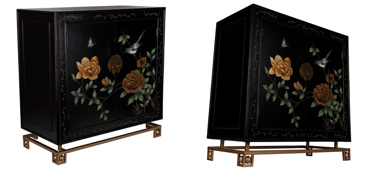 Комод черный с дверцами Розовый куст Chinese Rose on Black - фото №1