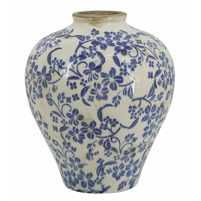 Ваза округлой формы с синим цветочным узором Blue & White Ornament Белый Синий Ваза округлой формы с синим цветочным узором Blue & White Ornament Белый Синий в Сочи | Loft Concept