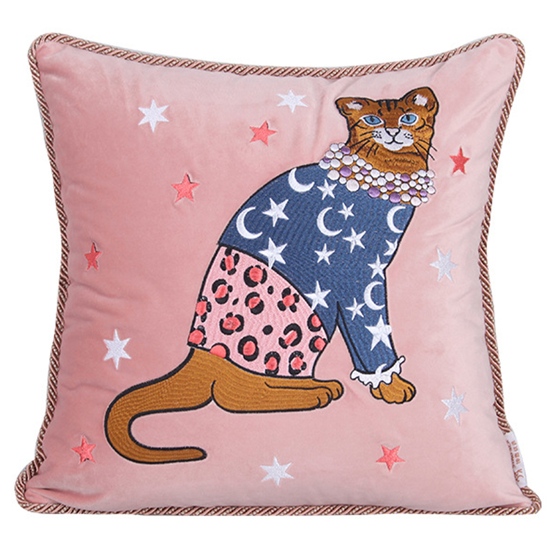 Декоративная подушка с вышивкой Magic Cat Embroidery Cushion Розовый Синий Оранжевый Мульти в Сочи | Loft Concept 