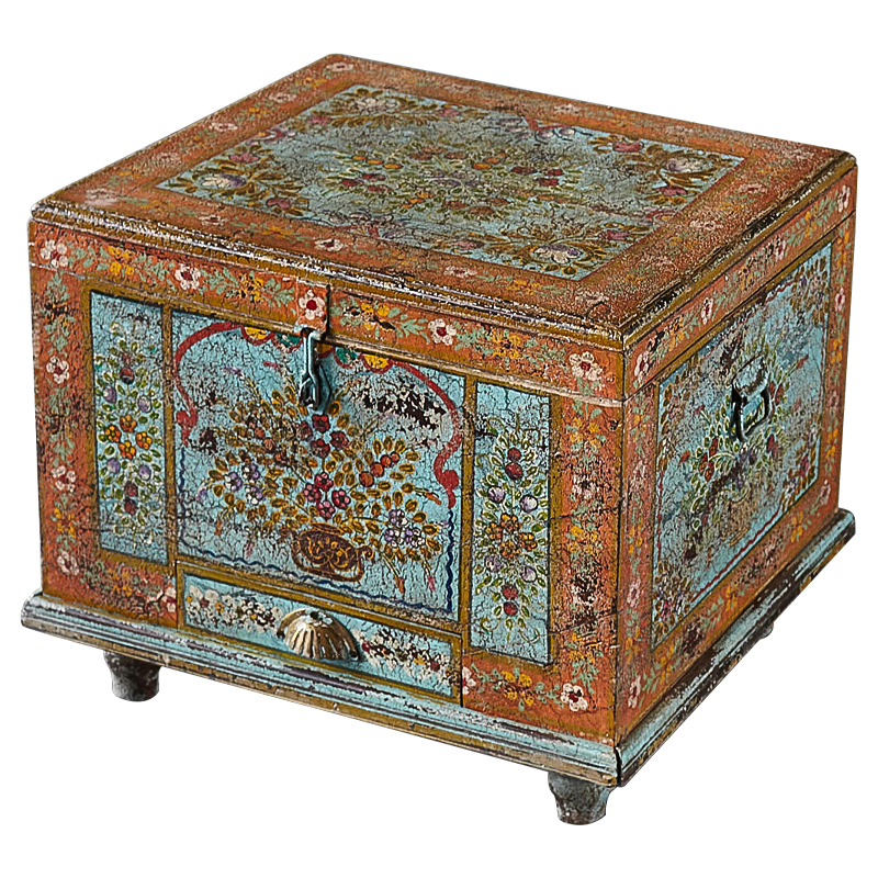 Сундук ручная роспись Harsh Antique Indian Painted Chest Мульти Бирюзовый Оранжевый в Сочи | Loft Concept 