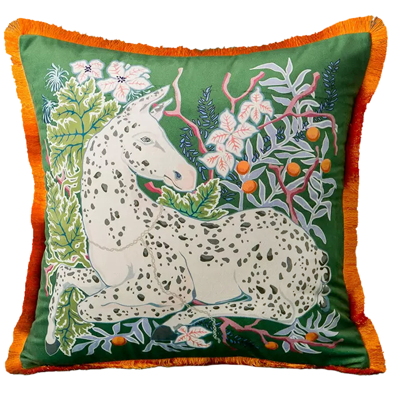 Декоративная подушка Horse on Botanical Green Cushion Мульти Зеленый в Сочи | Loft Concept 