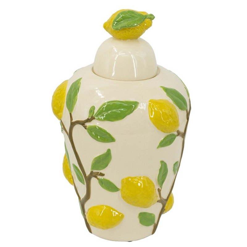 Ваза с крышкой кремового цвета и объемным рисунком лимонов и листьев Lemon Delight Кремовый Желтый Коричневый Зеленый Ваза с крышкой кремового цвета и объемным рисунком лимонов и листьев Lemon Delight Кремовый Желтый Коричневый Зеленый в Сочи | Loft Concept