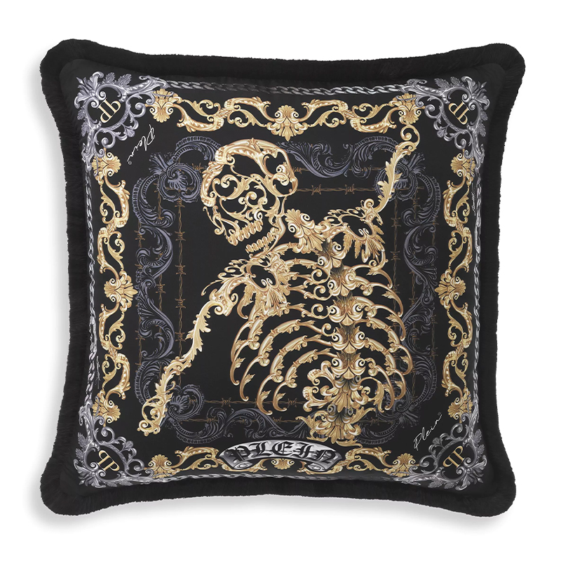 Подушка Philipp Plein Cushion Silk Skeleton 50 x 50 cm Черный Серый Золотой в Сочи | Loft Concept 