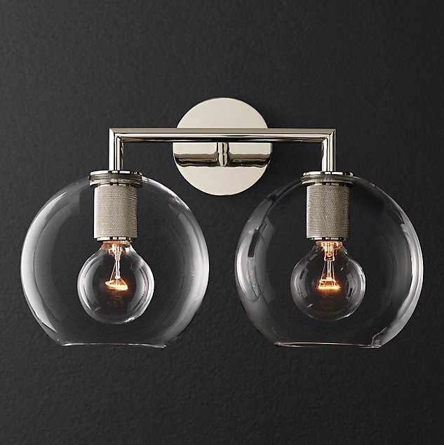 Бра RH Utilitaire Globe Shade Double Sconce Silver Прозрачное Стекло Никель в Сочи | Loft Concept 