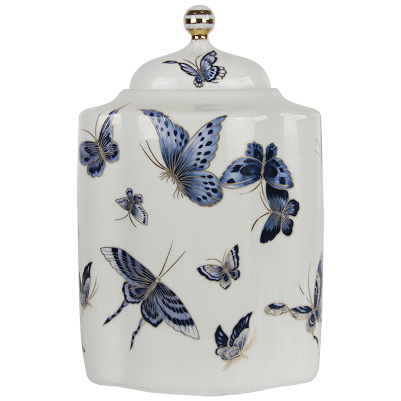 Ваза с крышкой Porcelain Butterfly Blue and Gold Vase Белый Синий Золотой в Сочи | Loft Concept 