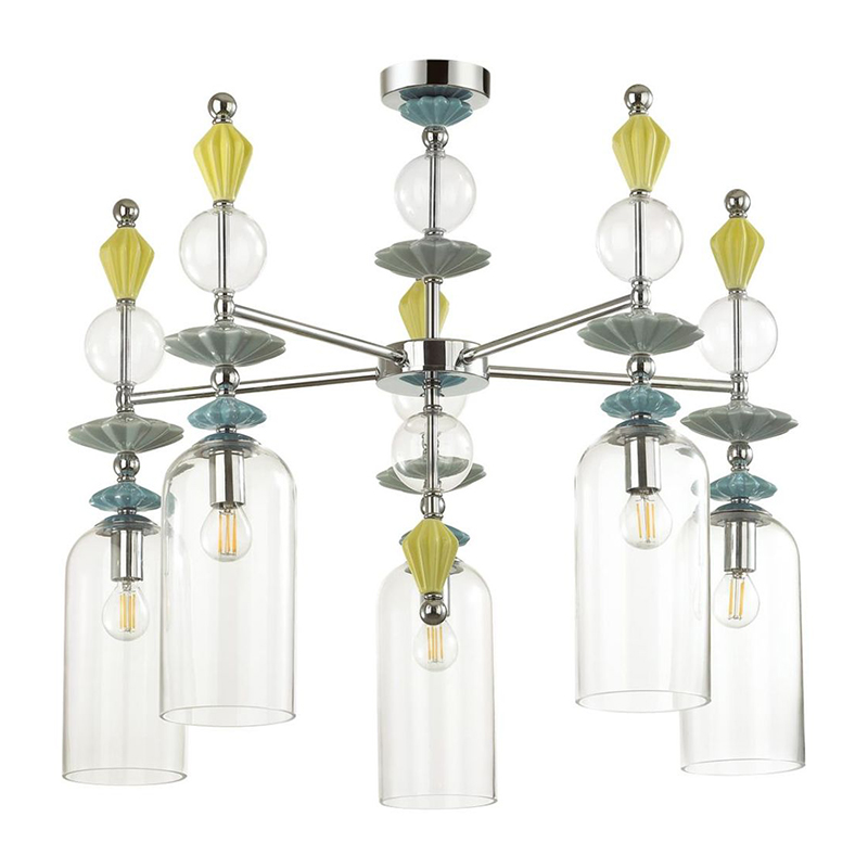 Люстра Iris Glass Chandelier candy 5 chrome Прозрачное Стекло Прозрачный зеленый Желтый Хром в Сочи | Loft Concept 