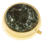 Таблетница карманная круглая с 3-мя отделениями и накладкой из натурального камня Серафинит Gold Stone Pillboxes варинант исполнения - 1 | Loft Concept в Сочи