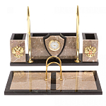 Настольный письменный набор из бежевого мрамора с часами и гербом Marble Accessory варинант исполнения - 1 | Loft Concept в Сочи