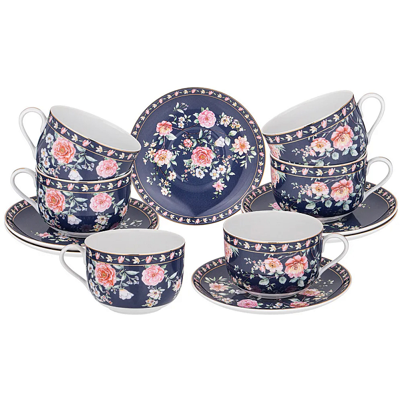 Чайный набор из фарфора синий на 6 персон 12 предметов Flower Porcelain Collection Синий Мульти в Сочи | Loft Concept 