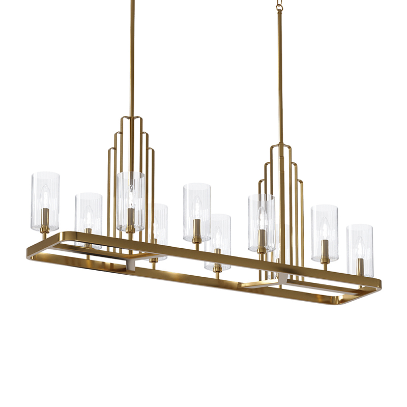 Люстра прямоугольная цвета латунь с прозрачными рифлеными цилиндрическими плафонами Kichler Латунь Прозрачное Стекло Никель в Сочи | Loft Concept 