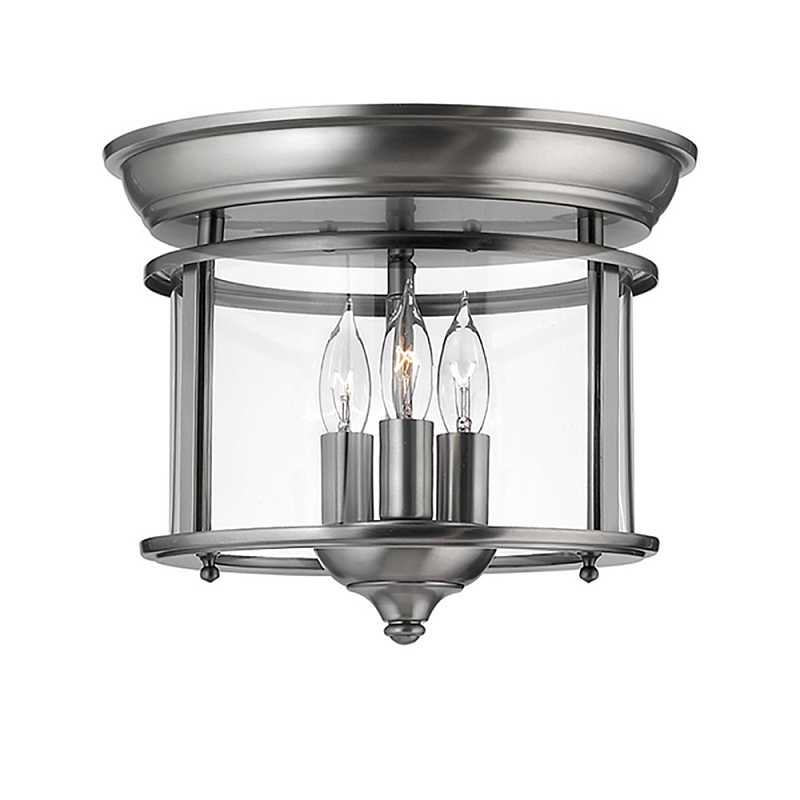 Потолочный светильник в форме фонаря с прозрачным цилиндрическим плафоном и тремя лампами в форме свечей Hinkley Латунь Прозрачное Стекло Олово в Сочи | Loft Concept 