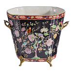 Кашпо из фарфора черная с цветочной росписью и бронзовой стрекозой Spring Garden варинант исполнения - 1 | Loft Concept в Сочи