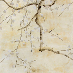 Обои ручная роспись Plum Blossom Special Colourway on White Metal gilded silk with nickel pearlescent antiquing
