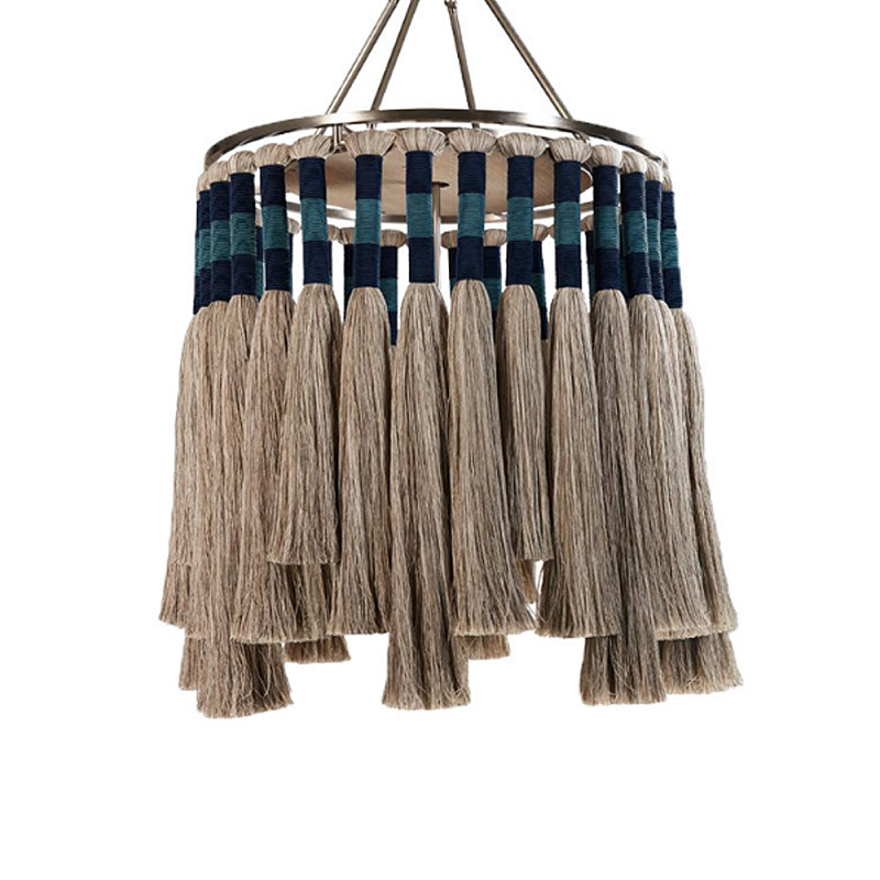 Люстра круглая плетеная с кисточками цвета серый дуб Boho Tassel Chandelier Серый Синий Никель в Сочи | Loft Concept 