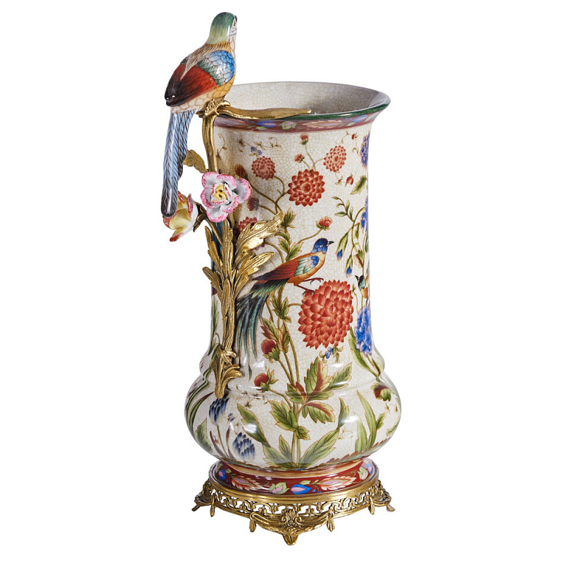Ваза фарфоровая с птицей на бронзовой ветке и цветочной росписью Garden of Eden Бронза Мульти в Сочи | Loft Concept 