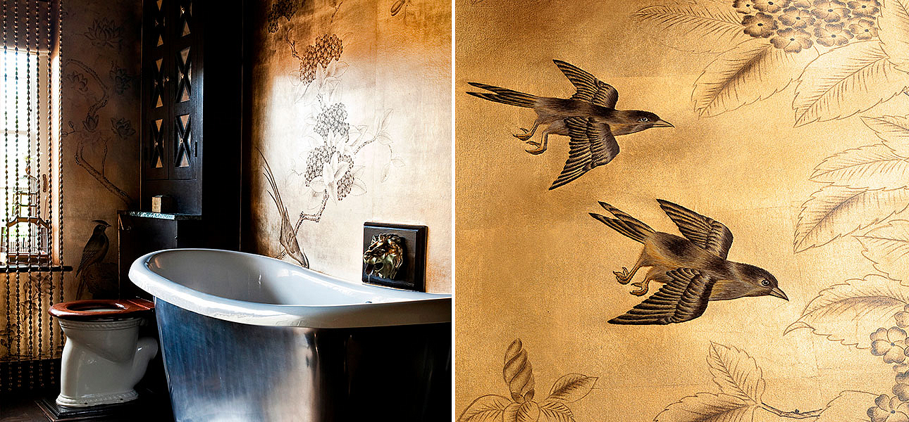 Обои ручная роспись Japanese Garden Dark Lacquer on Deep Rich Gold gilded silk Обои ручная роспись Japanese Garden Dark Lacquer on Deep Rich Gold gilded silk - Loft-Concept в Сочи