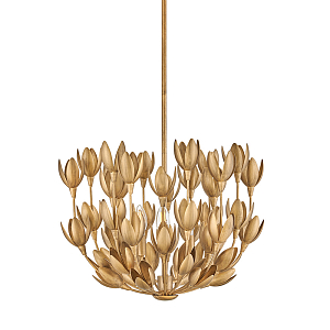 Люстра золотого цвета из множества металлических лепестков в форме тюльпанов Hinkley