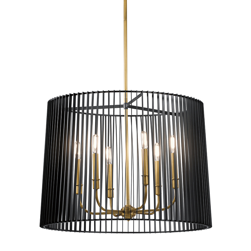 Люстра цвета латунь с 6-ю лампами свечами внутри цилиндрического абажура из черных металлических реек Kichler Латунь Черный в Сочи | Loft Concept 