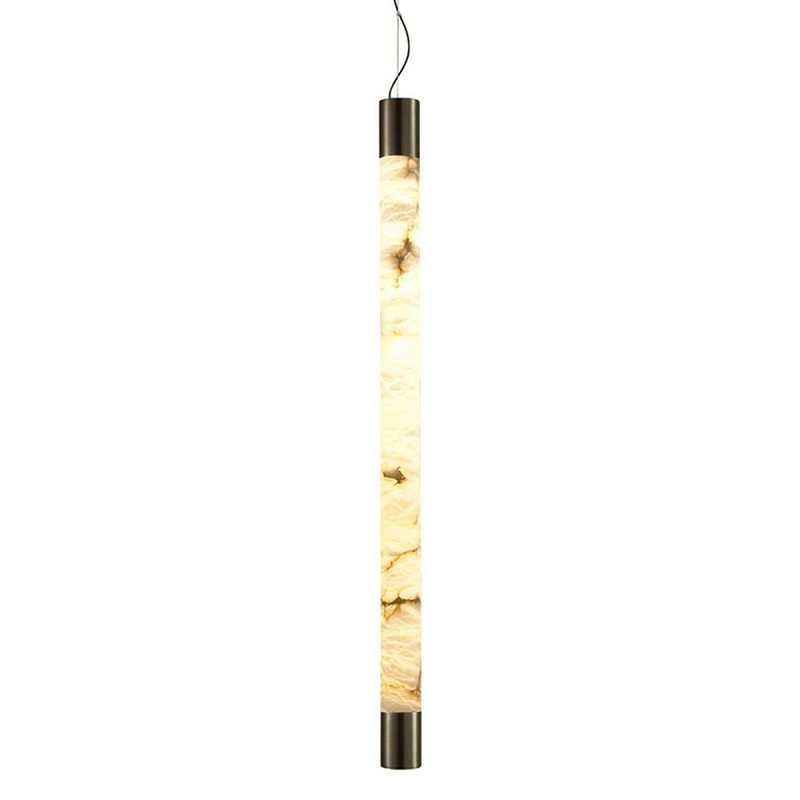Подвесной светильник вытянутой цилиндрической формы с плафоном из алебастра и металлическими торцами Темная Латунь 100 см Cryptocrystalline Stone Темная Латунь Белый в Сочи | Loft Concept 