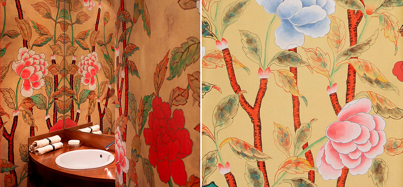 Обои ручная роспись Korean Peony Original colourway on Sienna Earth dyed silk Обои ручная роспись Korean Peony Original colourway on Sienna Earth dyed silk - Loft-Concept в Сочи