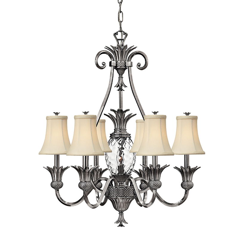 Люстра с 7-ю кремовыми текстильными абажурами Hinkley Никель Белый Бежевый Прозрачное Стекло Бронза в Сочи | Loft Concept 