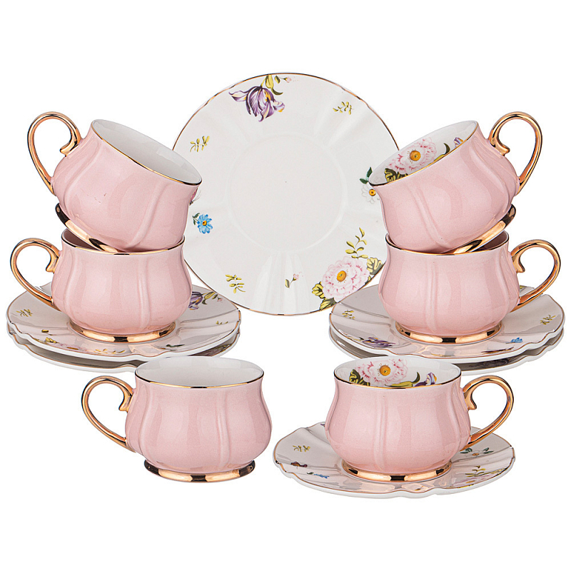 Чайный набор из фарфора на 6 персон 12 предметов Tea Porcelain Set Белый Золотой Розовый в Сочи | Loft Concept 