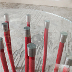 Дизайнерский журнальный стол с круглой прозрачной столешницей и основанием в виде красных металлических тросов Wires варинант исполнения - 5 | Loft Concept в Сочи