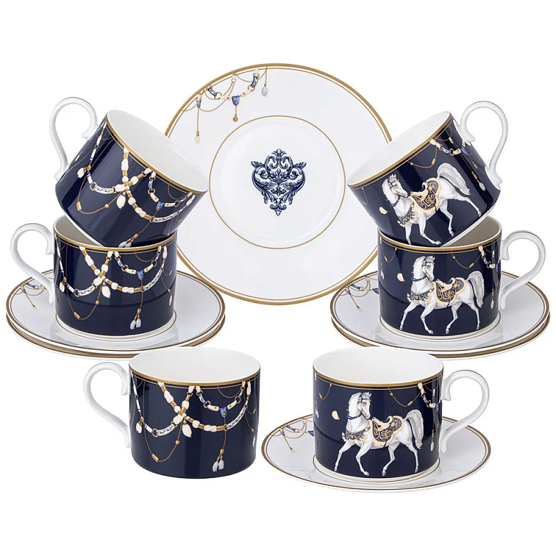 Чайный набор из фарфора с изображением лошадей на 6 персон 12 предметов Porcelain Horse Set Белый Синий в Сочи | Loft Concept 