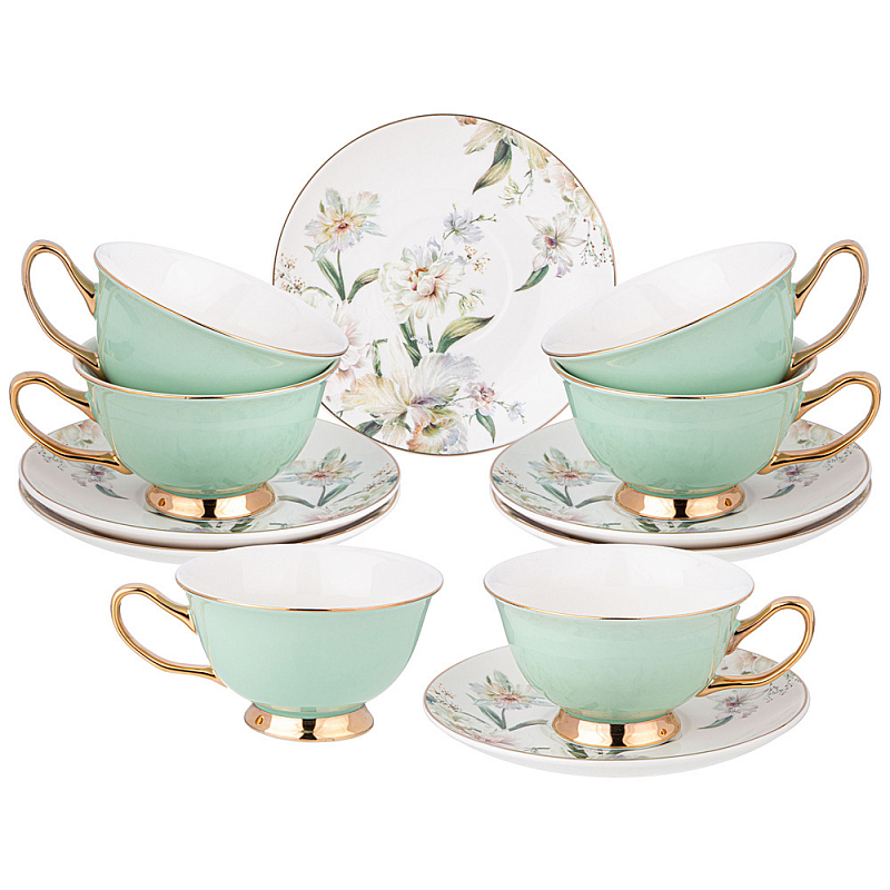 Чайный набор из фарфора на 6 персон Tea Porcelain Set Белый Золотой Зеленый в Сочи | Loft Concept 