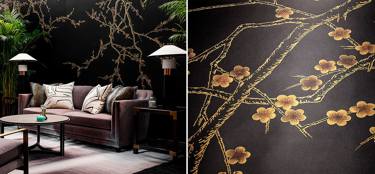 Обои ручная роспись Plum Blossom Colourway SC-226 on black painted silk Обои ручная роспись Plum Blossom Colourway SC-226 on black painted silk - Loft-Concept в Сочи