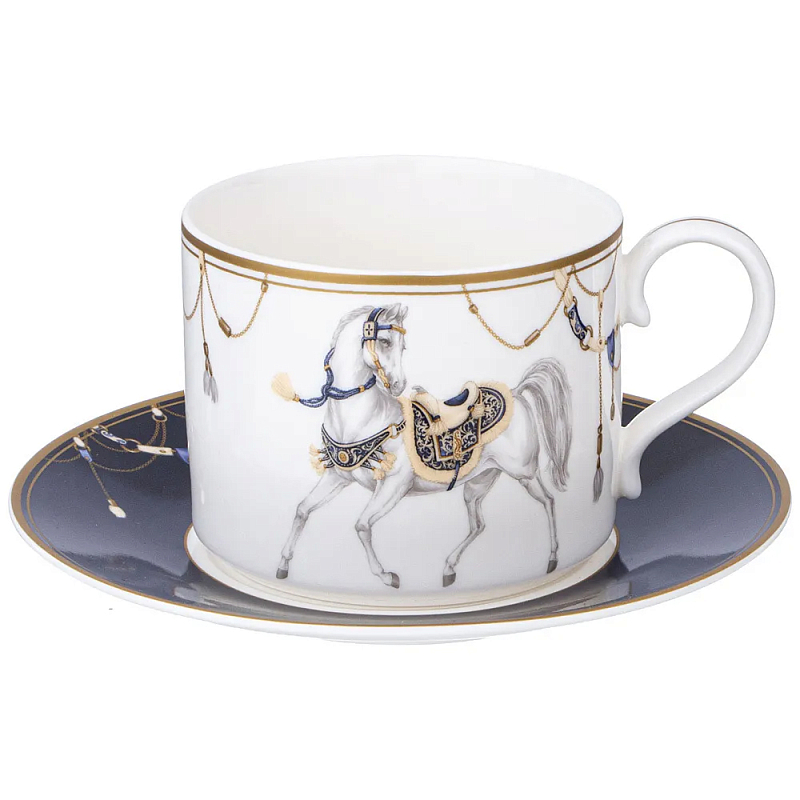 Чайная пара из фарфора с изображением лошади 300 мл Porcelain Horse Set 2 Белый Синий Золотой в Сочи | Loft Concept 