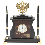 Часы настольные с Гербом России и 2-мя шариковыми ручками в комплекте Stone Clock варинант исполнения - 5 | Loft Concept в Сочи