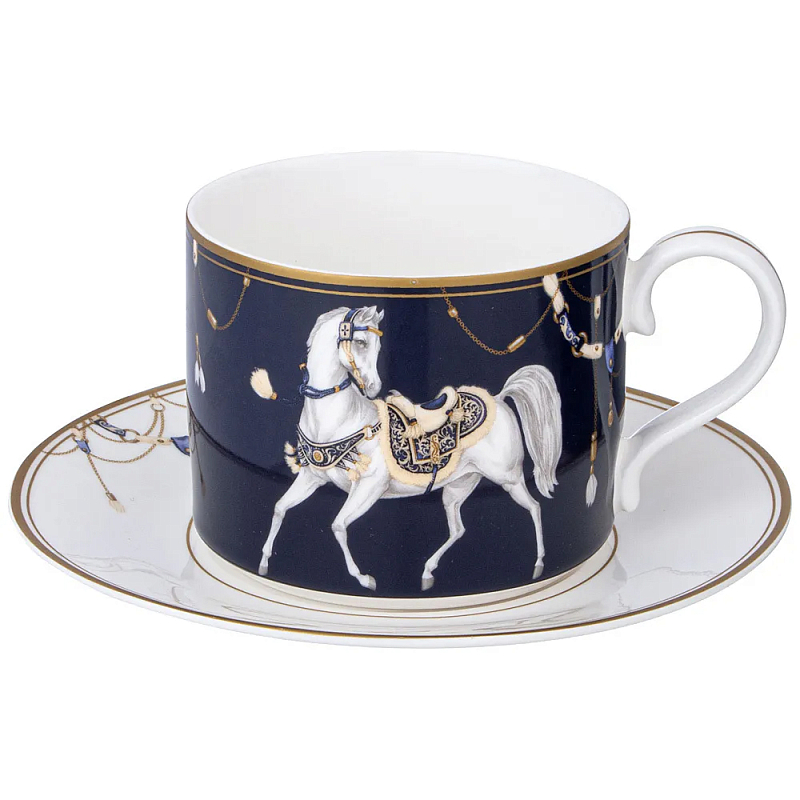 Чайная пара из фарфора с изображением лошади 300 мл Porcelain Horse Set  Белый Синий Золотой в Сочи | Loft Concept 