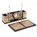 Настольный письменный набор из бежевого мрамора с часами и гербом Marble Accessory варинант исполнения - 2 | Loft Concept в Сочи