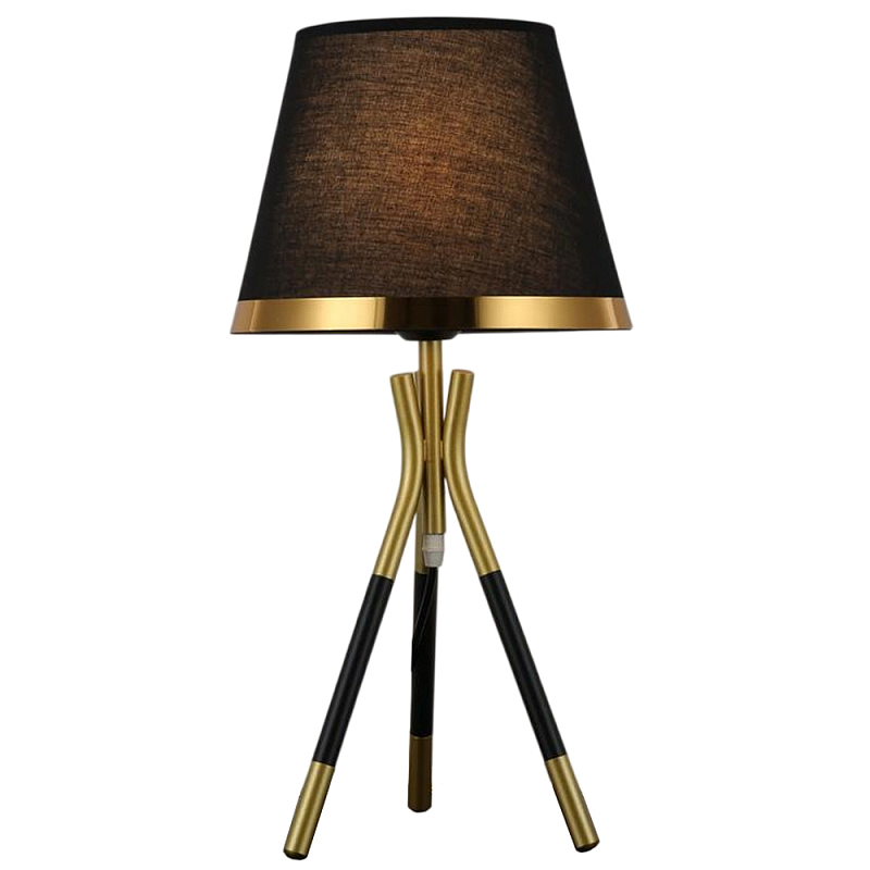 Настольная лампа с коричневым тканевым абажуром Black Tripod Черный Золотой Коричневый в Сочи | Loft Concept 