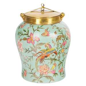 Ваза округлой формы из фарфора с рисунком и бронзовой крышкой Turquoise Blooming Garden