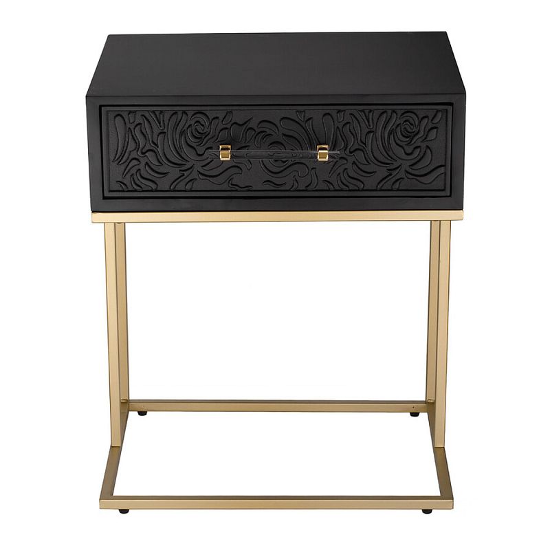 Приставной столик с резным узором на выдвижном ящике Black Table Carved Pattern Черный Золотой в Сочи | Loft Concept 