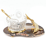 Икорница с ложкой с декором "Кадушка" с гравировкой на подставке из натурального камня Агат Decorative Cavair Dishes варинант исполнения - 1 | Loft Concept в Сочи