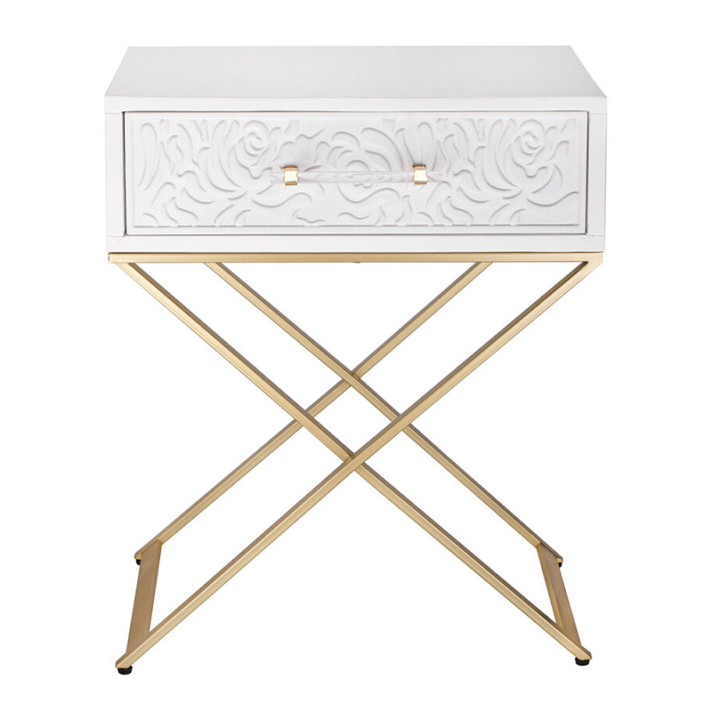 Приставной столик с выдвижным ящиком  White Table Carved Pattern Белый Золотой в Сочи | Loft Concept 