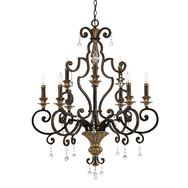 Люстра с подвесками из прозрачного стекла на кованом каркасе бронзового цвета в классическом стиле Quoizel Бронза Прозрачное Стекло Золотой в Сочи | Loft Concept 